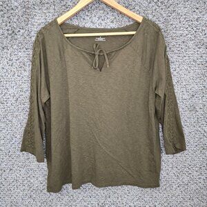 Talbots Top Womens XL Green V Neck‎ Slub Knit Tee Crochet Detail Casual Ladies